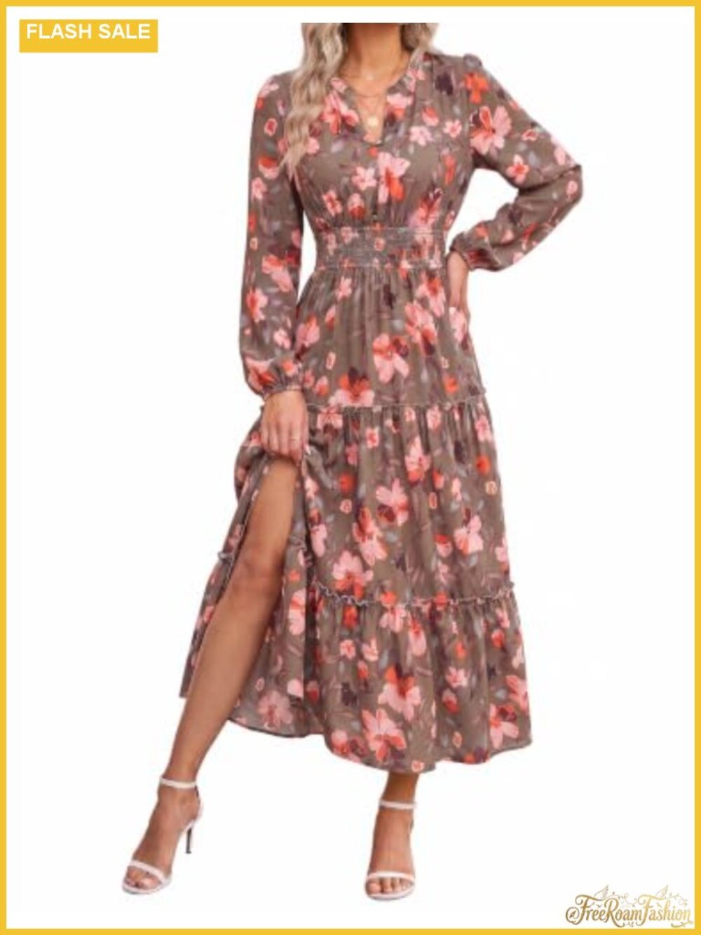 Flowy Maxi Dress with Pockets Long Sleeve V Neck Empire Waist A Line